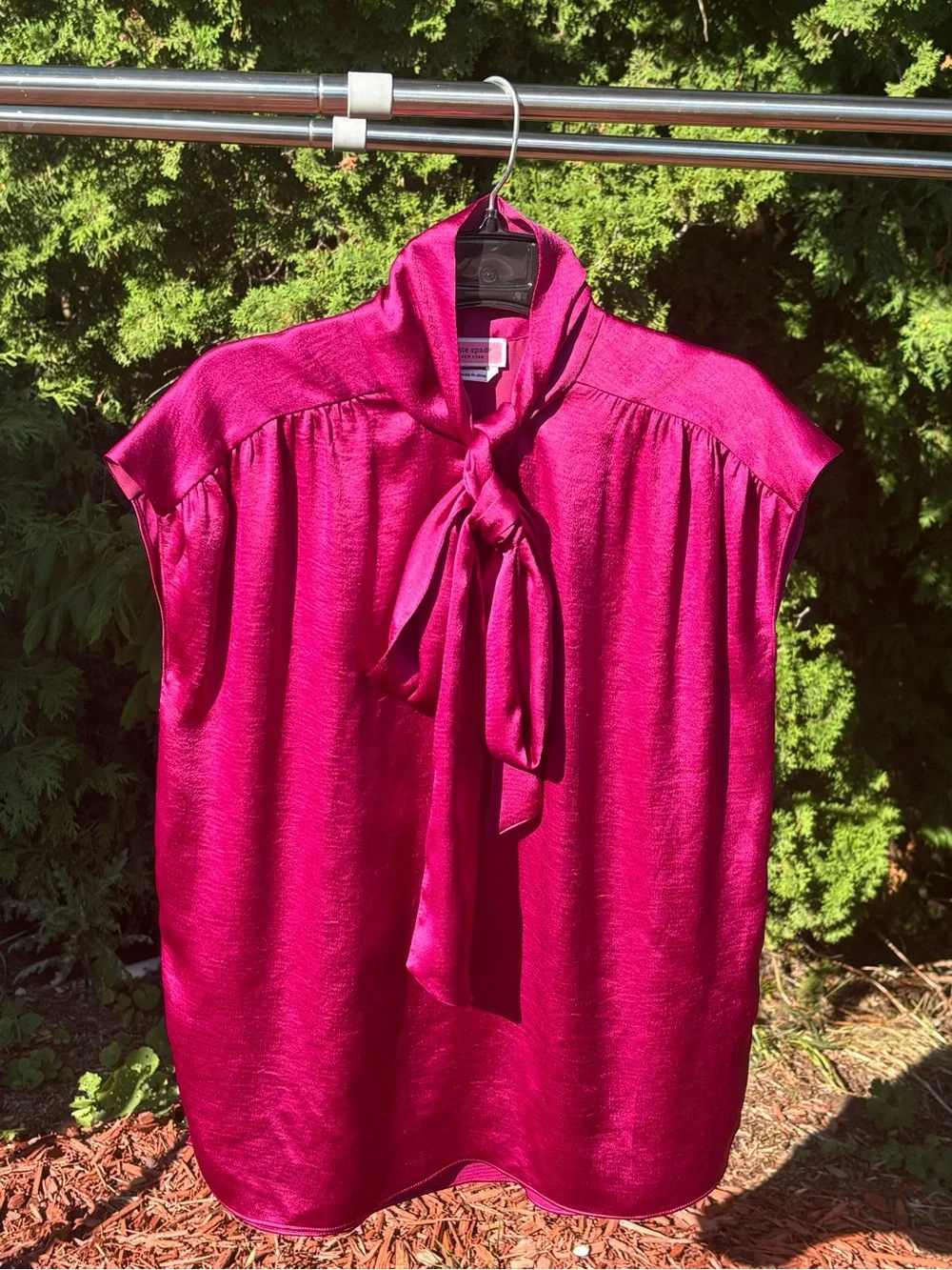 kate spade Fuchsia Satin bow neck Cap Sleeve Blouse vibrant career chic office